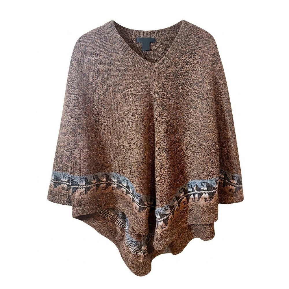 Peruvian Connection 100% Alpaca Brown Fair Isle Knit Poncho Sweater Womens S/M
